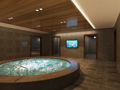Modern SPA Sauna Interior With Circular Pool Wooden Ceiling Brick Walls And TV Screen 3d model