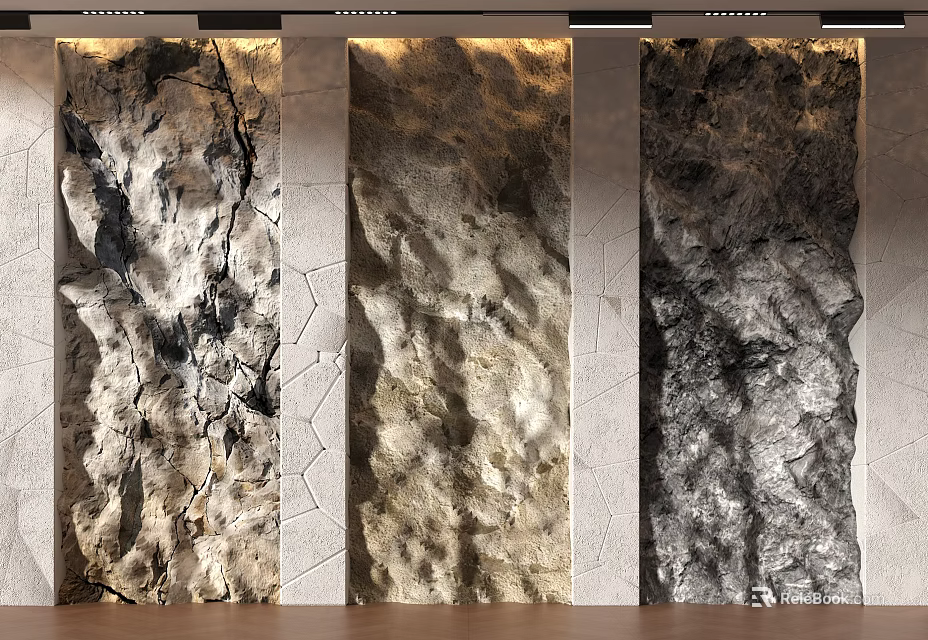 Three Textured Stone Background Walls with Gray Beige Rock Patterns and Overhead Lighting 3d model 