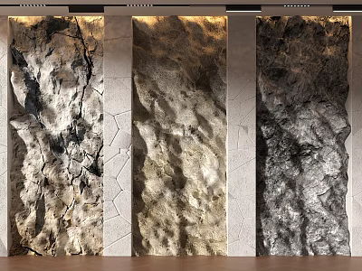 Three Textured Stone Background Walls with Gray Beige Rock Patterns and Overhead Lighting 3d model