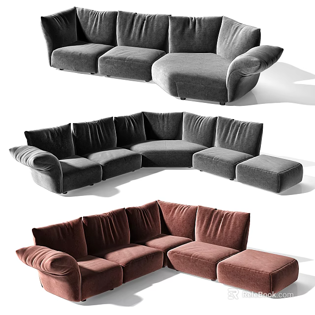 Stylish Modern Sectional Sofa Set With Gray Brown Upholstery And Ottoman Modules 3d model