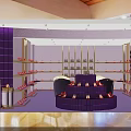 Elegant Shoe Boutique with Purple Gold Decor Racks Central Display High Heels Handbags Sofa Seats
