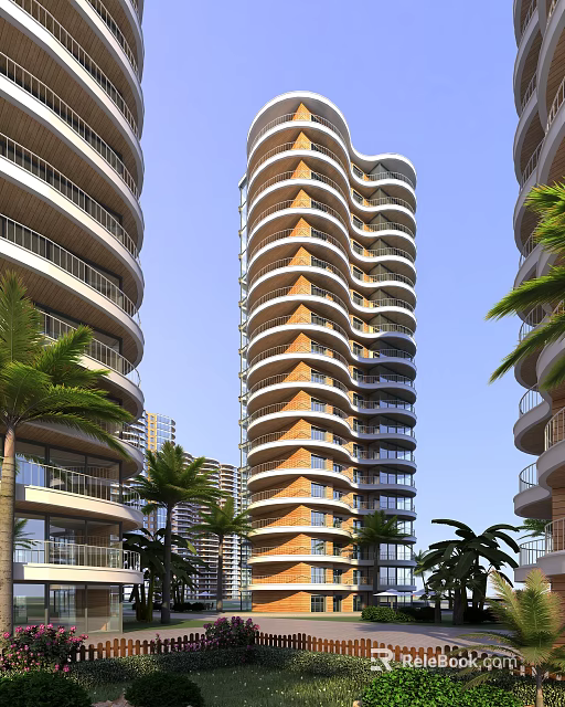 Modern High Rise Residential Building With Curved Facade And Palm Trees 3d model 
