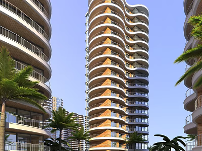 Modern High Rise Residential Building With Curved Facade And Palm Trees 3d model
