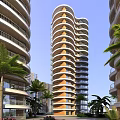 Modern High Rise Residential Building With Curved Facade And Palm Trees