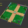 Cartoon Park Scene With Square Layout Central Fountain Green Lawns Trees And Benches