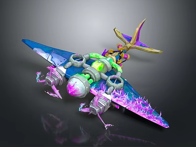 Futuristic Cosmic Spacecraft With Glowing Green Engine Blue Purple Wings And Biomechanical Design 3d model