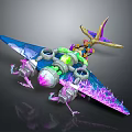 Futuristic Cosmic Spacecraft With Glowing Green Engine Blue Purple Wings And Biomechanical Design