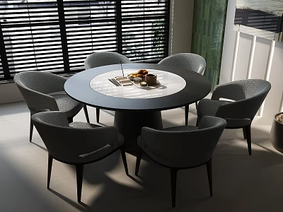 Modern Round Dining Table Set With Gray Chairs And Tableware In Bright Room With Window Blinds 3d model