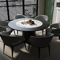 Modern Round Dining Table Set With Gray Chairs And Tableware In Bright Room With Window Blinds 3d model