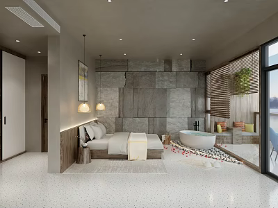 Hotel Room Interior With Gray Stone Wall Bathtub Bed Plant And Floor to Ceiling Window 3d model