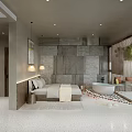 Hotel Room Interior With Gray Stone Wall Bathtub Bed Plant And Floor to Ceiling Window
