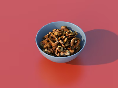 Shelled Walnuts in Blue Bowl on Vibrant Red Background Table Surface 3d model