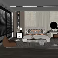 Modern Bedroom Interior With Soft Lighting Striped Wall Bed Pillows Round Mirror and Dressing Table 3d model