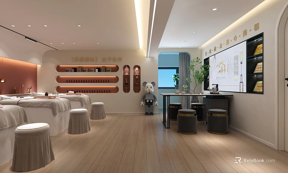 Elegant Modern Beauty and Hair Salon Interior With Styling Chairs Product Shelves And Soft Lighting 3d model 