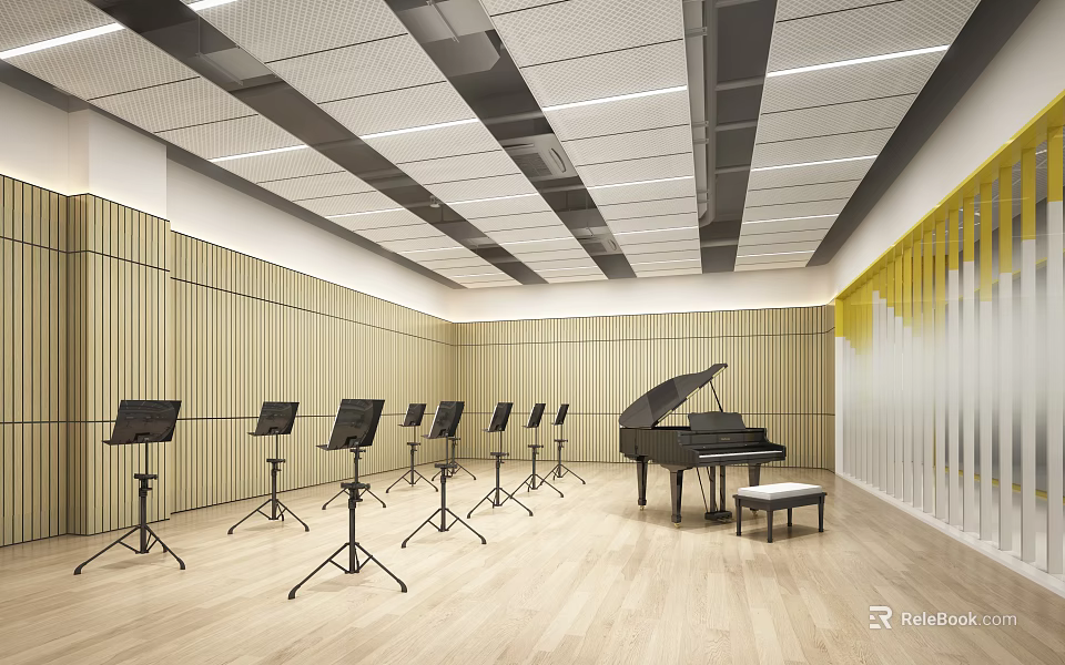 Music Classroom Interior With Piano Music Stands Wooden Walls Yellow Decor And Modern Ceiling Design 3d model 