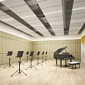 Music Classroom Interior With Piano Music Stands Wooden Walls Yellow Decor And Modern Ceiling Design
