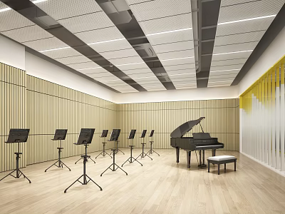Music Classroom Interior With Piano Music Stands Wooden Walls Yellow Decor And Modern Ceiling Design 3d model
