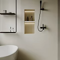 Modern Bathroom Interior With Freestanding Bathtub Wall Mounted Toilet Vanity Window Blinds And Plants