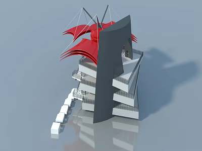 Modern Hinged Door In Architectural Structure With Red Awning And Gray Design 3d model
