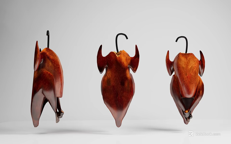 Three Brown Roasted Chickens Hanging On Hooks Looking Juicy And Appetizing 3d model 