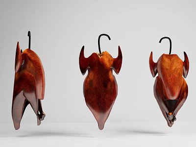 Three Brown Roasted Chickens Hanging On Hooks Looking Juicy And Appetizing 3d model