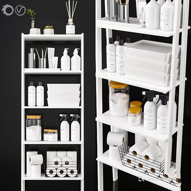 Organized White Shelving With Laundry Cleaning Supplies Storage Jars And Paper Rolls 3d model 