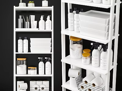 Organized White Shelving With Laundry Cleaning Supplies Storage Jars And Paper Rolls 3d model