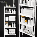 Organized White Shelving With Laundry Cleaning Supplies Storage Jars And Paper Rolls