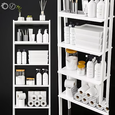 Organized White Shelving With Laundry Cleaning Supplies Storage Jars And Paper Rolls 3d model