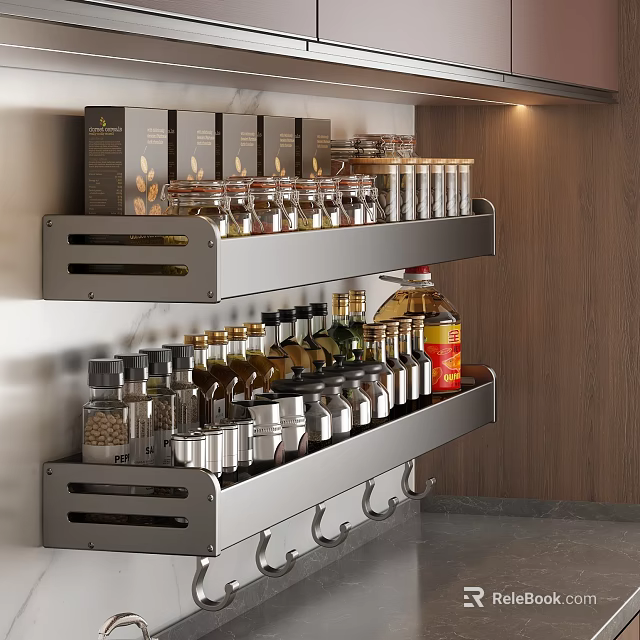 Spice And Condiment Bottles Neatly Organized On Modern Kitchen Metal Shelves 3d model 
