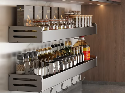 Spice And Condiment Bottles Neatly Organized On Modern Kitchen Metal Shelves 3d model