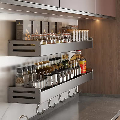 Spice And Condiment Bottles Neatly Organized On Modern Kitchen Metal Shelves 3d model