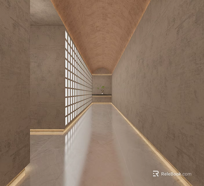 Modern Elevator Corridor with Textured Gray Walls Polished Floor Grid Windows and LED Lighting Strips 3d model 