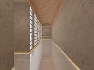 Modern Elevator Corridor with Textured Gray Walls Polished Floor Grid Windows and LED Lighting Strips 3d model