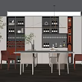 Modern Restaurant Interior With Dining Table Red And White Chairs Wine Rack And Hanging Light