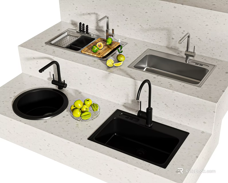 Sleek Modern Kitchen With Matte Black Sinks On Light Quartz Countertop With Lemons And Faucet 3d model 
