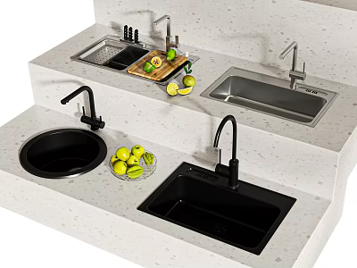 Sleek Modern Kitchen With Matte Black Sinks On Light Quartz Countertop With Lemons And Faucet 3d model