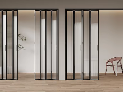 Stylish Black Frame Folding Doors In Modern Interior With Wooden Floor And White Walls 3d model