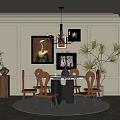 Elegant Restaurant Interior Featuring Round Dining Table Chairs Chandelier Plant And Herringbone Floor 3d model