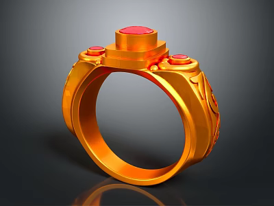Exquisite Golden Jewelry Ring With Red Gemstones And Intricate Carved Design 3d model