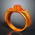 Exquisite Golden Jewelry Ring With Red Gemstones And Intricate Carved Design