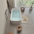 Modern Bathroom Interior With White Freestanding Bathtub Round Mirror And Green Window View