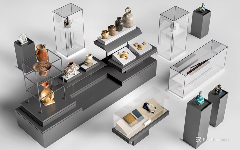 Modern Display Shelves and Glass Cabinets Showcasing Ceramic Vases and Decorative Items 3d model 
