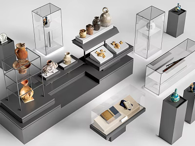 Modern Display Shelves and Glass Cabinets Showcasing Ceramic Vases and Decorative Items 3d model