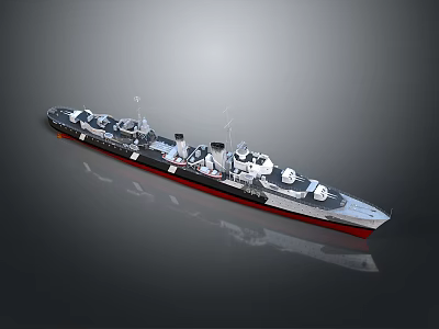 Detailed Warship Model With Armaments Dark Hull Red Bottom Reflection On Gray Background 3d model