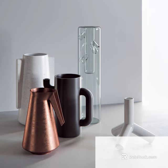 Stylish Copper Black White Kettles And Transparent Glass Containers For Daily Use 3d model 