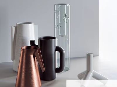Stylish Copper Black White Kettles And Transparent Glass Containers For Daily Use 3d model