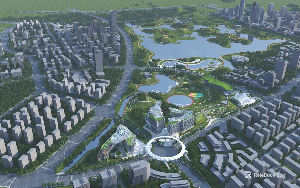 Aerial City Planning with Modern Buildings Green Spaces Lakes and Road Networks 3d model 