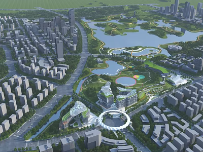 Aerial City Planning with Modern Buildings Green Spaces Lakes and Road Networks 3d model