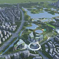 Aerial City Planning with Modern Buildings Green Spaces Lakes and Road Networks